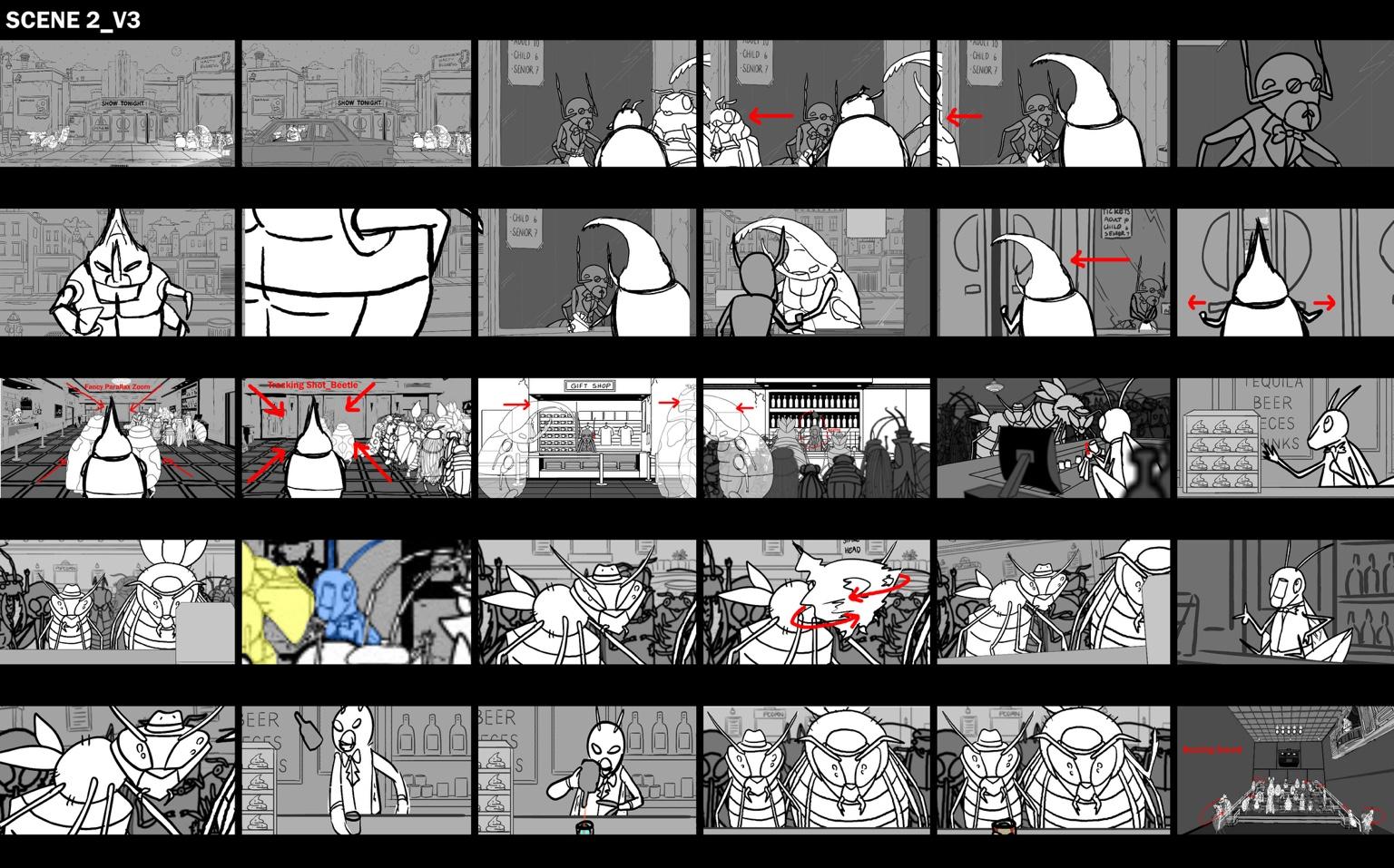 Storyboard sheet with thirty monochrome animation panels arranged in rows